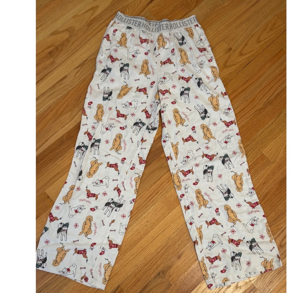Hollister Sleep Womens Small Holiday Dog Print Pajama Pants White Festive Lounge